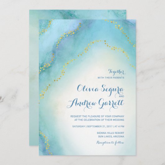 Turquoise Blue Waterverf Agate Wedding Invitation Kaart (Voorkant / Achterkant)