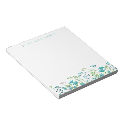  Turquoise Blue Waterverf Floral met naam Notitieblok (Schuin)