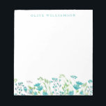 Turquoise Blue Waterverf Floral met naam Notitieblok<br><div class="desc">Mooie waterverf schilderij van delicate bloemen in turkooisblauw,  gepersonaliseerd met jouw naam.</div>