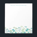 Turquoise Blue Waterverf Floral met naam Notitieblok<br><div class="desc">Mooie waterverf schilderij van delicate bloemen in turkooisblauw,  gepersonaliseerd met jouw naam.</div>