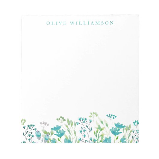  Turquoise Blue Waterverf Floral met naam Notitieblok (Voorkant)