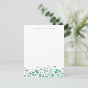  Turquoise Blue Waterverf Floral met naam Notitiekaartje