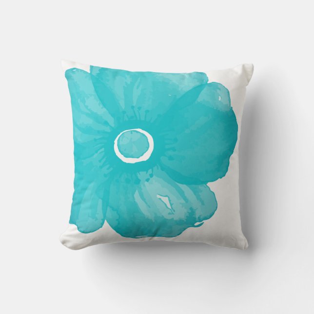 Turquoise Blue Waterverf Flower Pillow Kussen (Voorkant)