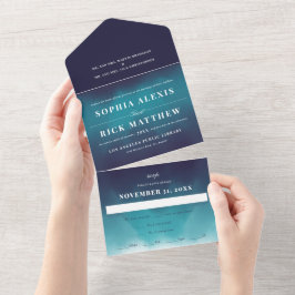 Turquoise Blue Waves Ombre Wedding All In One Uitnodiging