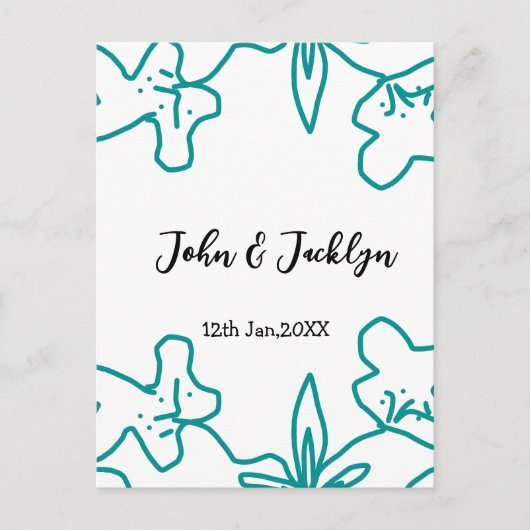 Turquoise blue wedding couple name date flstylish  briefkaart (Voorkant)