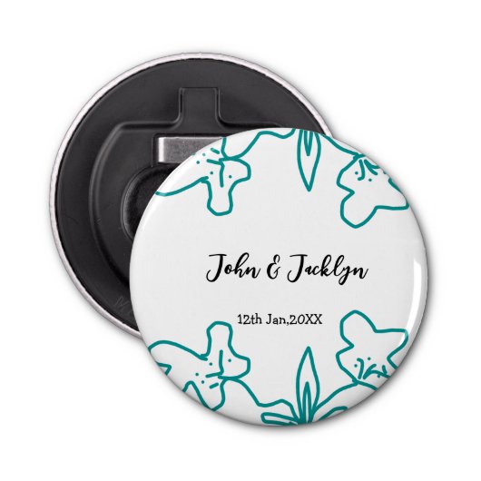 Turquoise blue wedding couple name date flstylish  button flesopener (Voorkant)