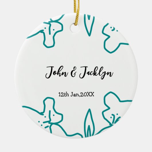 Turquoise blue wedding couple name date flstylish  keramisch ornament (Voorkant)