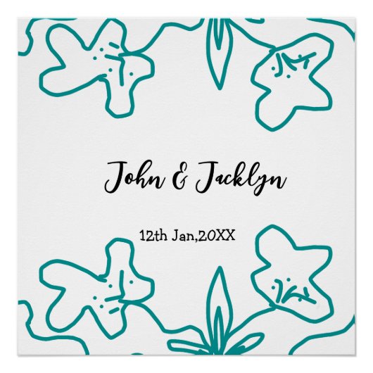 Turquoise blue wedding couple name date flstylish perfect poster (Voorkant)