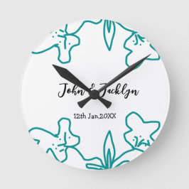 Turquoise blue wedding couple name date flstylish  ronde klok