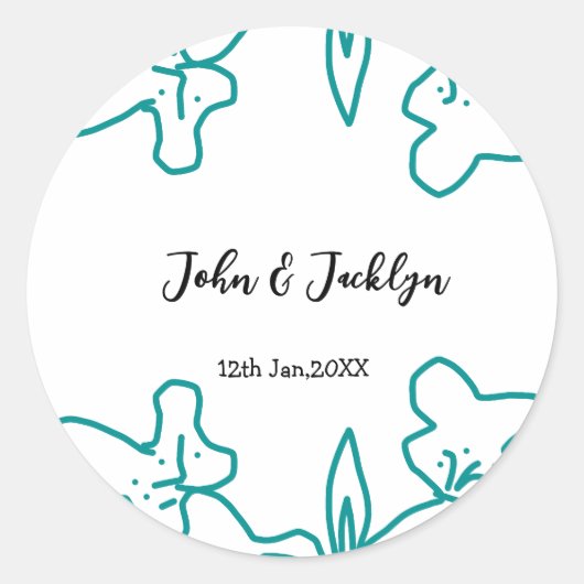 Turquoise blue wedding couple name date flstylish  ronde sticker (Voorkant)