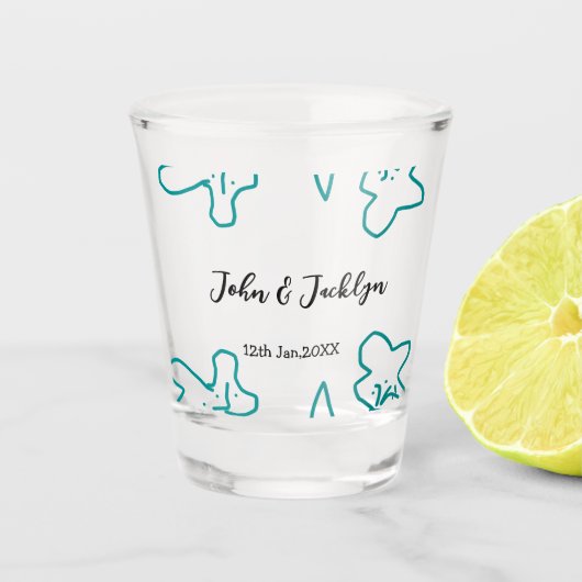 Turquoise blue wedding couple name date flstylish  shot glas (Voorkant)