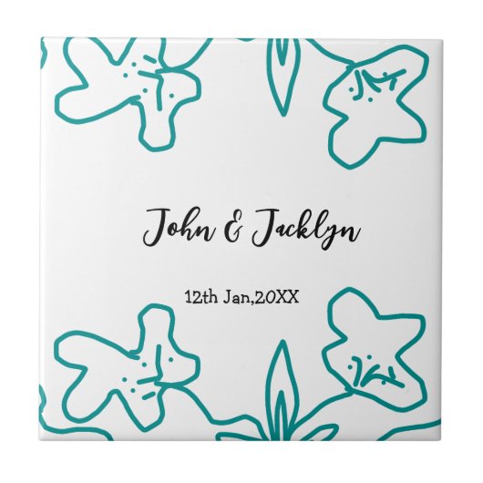 Turquoise blue wedding couple name date flstylish  tegeltje (Voorkant)