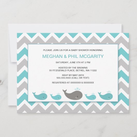Turquoise Blue Whales Boy Baby shower Uitnodigen Kaart (Voorkant)