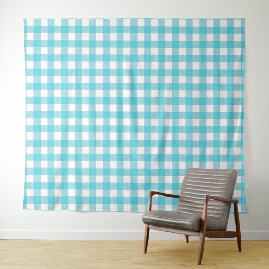 Turquoise Blue & White Gingham Check Tapestry Wandkleed (In Situ (horizontaal))