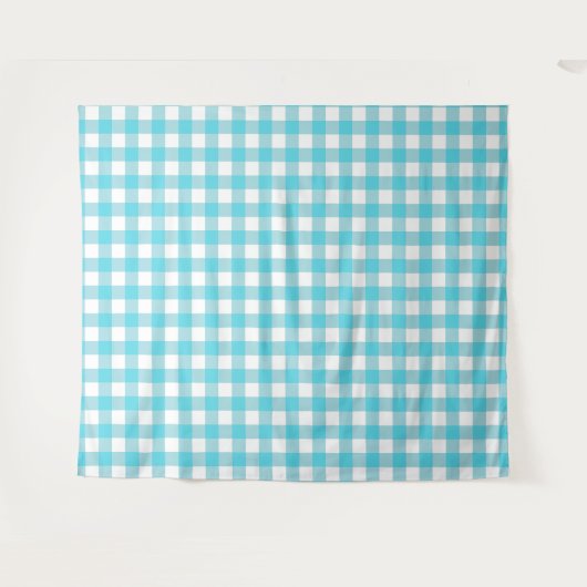 Turquoise Blue & White Gingham Check Tapestry Wandkleed (Voorkant (horizontaal))