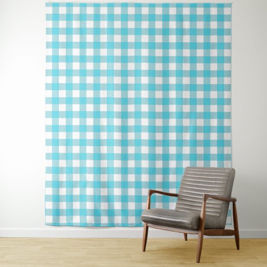 Turquoise Blue & White Gingham Check Tapestry Wandkleed (In situ)