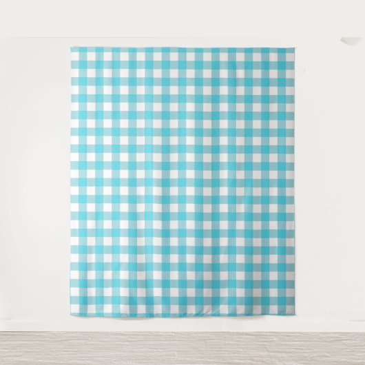 Turquoise Blue & White Gingham Check Tapestry Wandkleed (Voorkant)