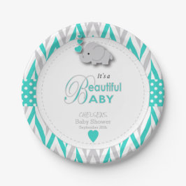 Turquoise Blue, White Grey Elephant Baby shower Papieren Bordje