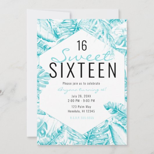 Turquoise Blue White Tropical Palm Leaves Sweet 16 Kaart (Voorkant)