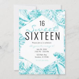 Turquoise Blue White Tropical Palm Leaves Sweet 16 Kaart
