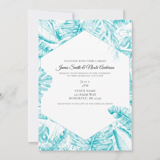 Turquoise Blue White Tropical Palm Leaves Wedding Kaart (Voorkant)