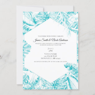 Turquoise Blue White Tropical Palm Leaves Wedding Kaart