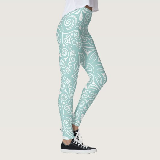 Turquoise Blue & White Whimsical Pattern Leggings (Rechts)