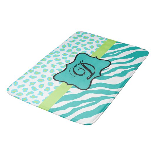 Turquoise Blue White Zebra Leopard Skin Monogram Badmat (Gekanteld)