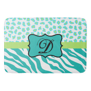 Turquoise Blue White Zebra Leopard Skin Monogram Badmat