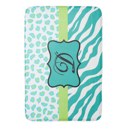 Turquoise Blue White Zebra Leopard Skin Monogram Badmat (Voorkant Verticaal)