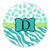 Turquoise Blue White Zebra Leopard Skin Monogram Keramische Knop (Voorkant)