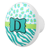 Turquoise Blue White Zebra Leopard Skin Monogram Keramische Knop (Rechts)