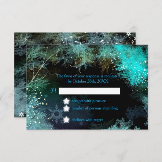 Turquoise Blue Winter Forest Wedding RSVP Card (Voorkant / Achterkant)