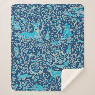 Turquoise & Blue Woodland Animal Tapestry Pattern Sherpa Deken