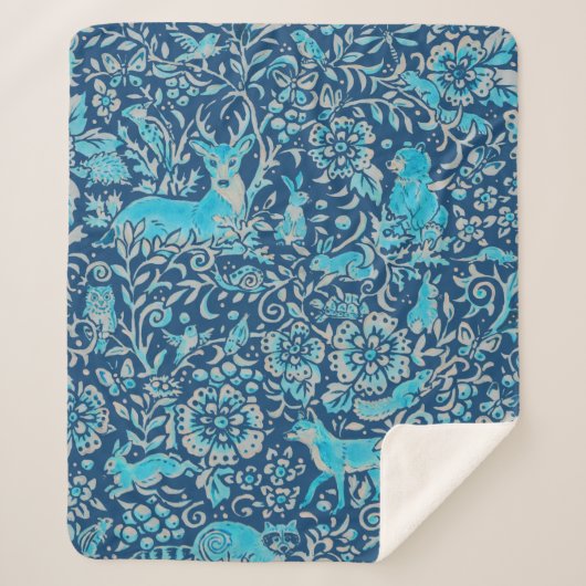 Turquoise & Blue Woodland Animal Tapestry Pattern Sherpa Deken (Voorkant)