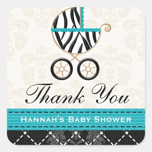 Turquoise Blue Zebra Baby Carriage Bedankt Vierkante Sticker (Voorkant)