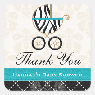 Turquoise Blue Zebra Baby Carriage Hartelijk dank Vierkante Sticker