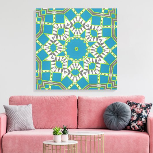 Turquoise Blue Zebra Green Kaleidoscope Pattern Canvas Afdruk (Insitu (Woonkamer))