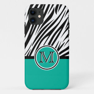Turquoise Blue Zebra Monogram Patroon iPhone 11 Hoesje