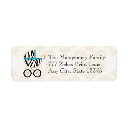 Turquoise Blue Zebra Print Baby Carriage Return Etiket (Voorkant)