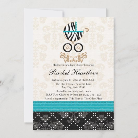 Turquoise Blue Zebra Print Carriage Baby shower Kaart (Voorkant)