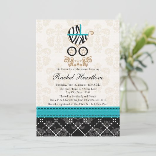 Turquoise Blue Zebra Print Carriage Baby shower Kaart (Staand voorkant)