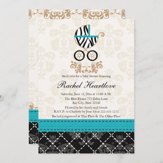 Turquoise Blue Zebra Print Carriage Baby shower Kaart (Voorkant / Achterkant)