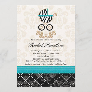 Turquoise Blue Zebra Print Carriage Baby shower Kaart
