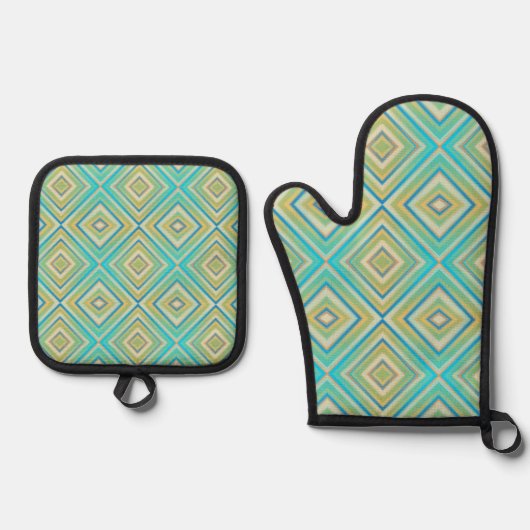 Turquoise Blues Alternative Diamond Pattern Ovenwant & Pannenlap Set (Voorkant)