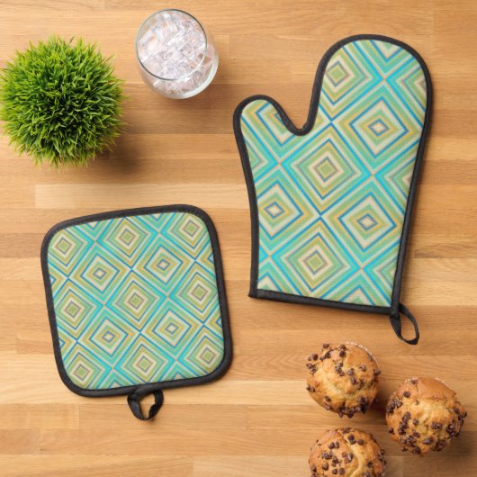 Turquoise Blues Alternative Diamond Pattern Ovenwant & Pannenlap Set (Top down)