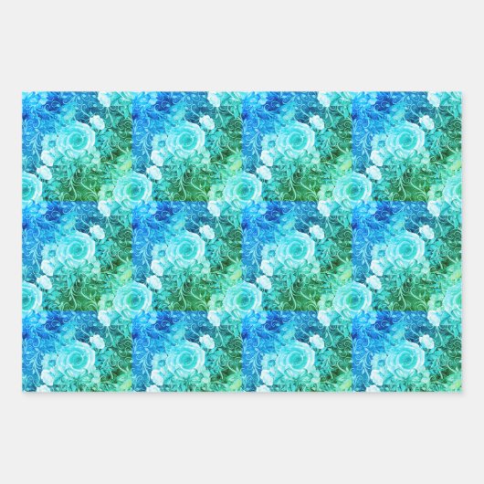 Turquoise Blues met Geel en Wit, Floral Inpakpapier Vel (Voorkant 2)