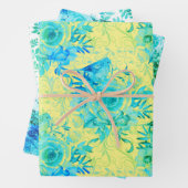 Turquoise Blues met Geel en Wit, Floral Inpakpapier Vel (In situ)