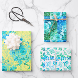 Turquoise Blues met Geel en Wit, Floral Inpakpapier Vel