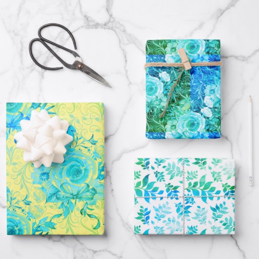 Turquoise Blues met Geel en Wit, Floral Inpakpapier Vel (Voorkant)
